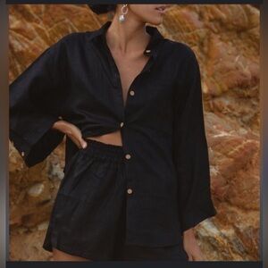 Daughters of India Black Oversized Linen Button Down Shirt Blouse Large $169